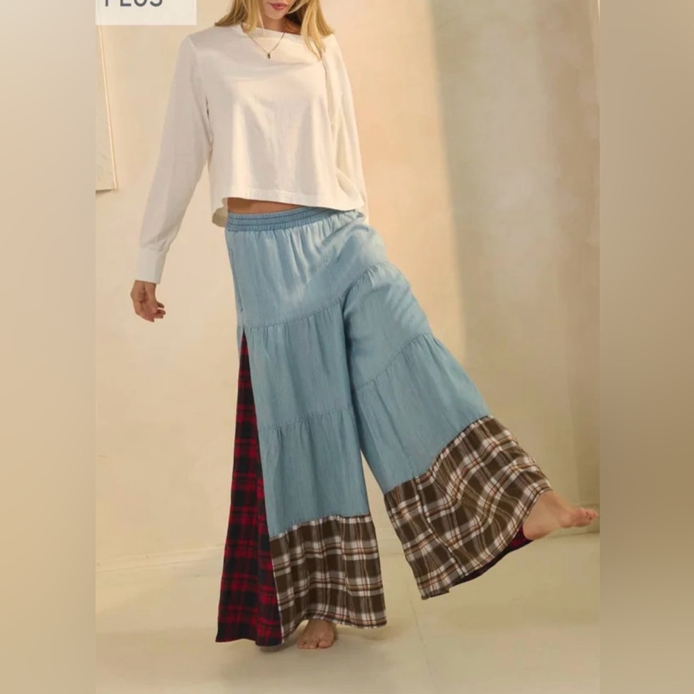 Oddi Plaid & Chambray Tiered Wide Leg Elastic Waist Pants Size Small